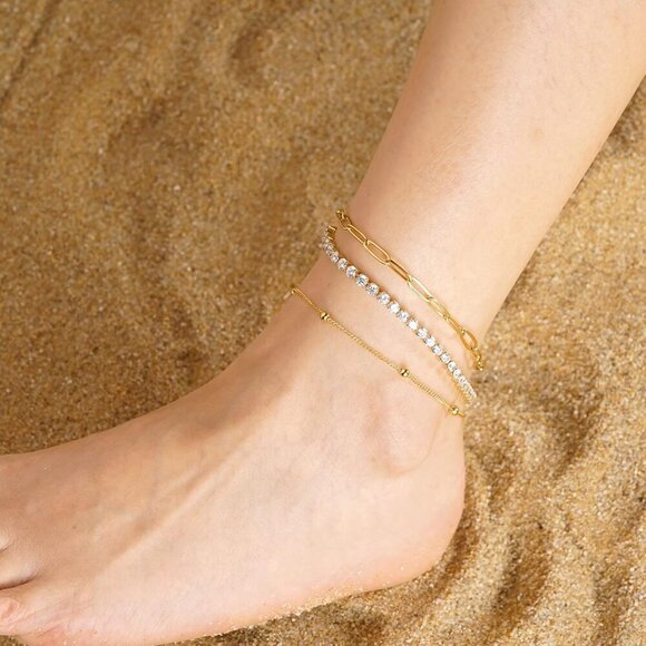 Solid 18K Over Gold Anklet for Women,Gold Anklets for Women Layered/Tennis/Paper - Picture 2 of 5